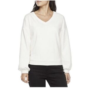 Liz Claiborne Fleece V-Neck Pullover Sweatshirt Cream Womens PS Petite Small NWT